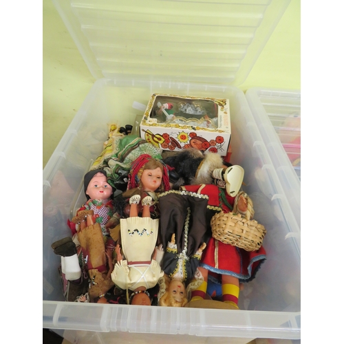 150 - Two tubs of knitted soft toys plus a box of dolls