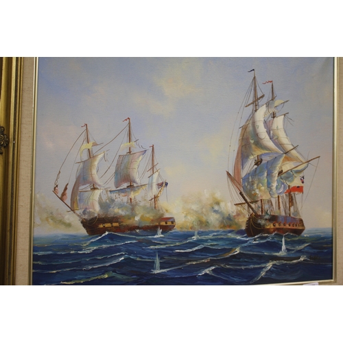 373 - Oil painting of sea battle, John Wayne print and a needlework