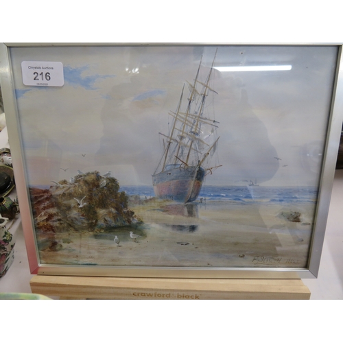 216 - Flaxney Stowell ship on the beach at low tide, water colour, signed and dated 1888, 10 x 12 ins appr... 