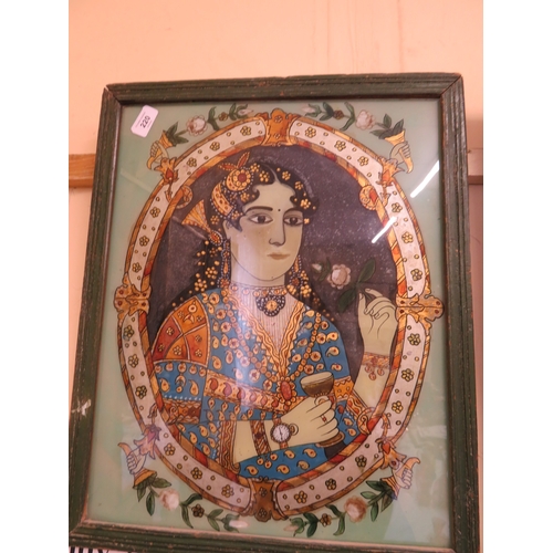 220 - Indian painting of a Maharini on glass - 21 x 16 ins approx