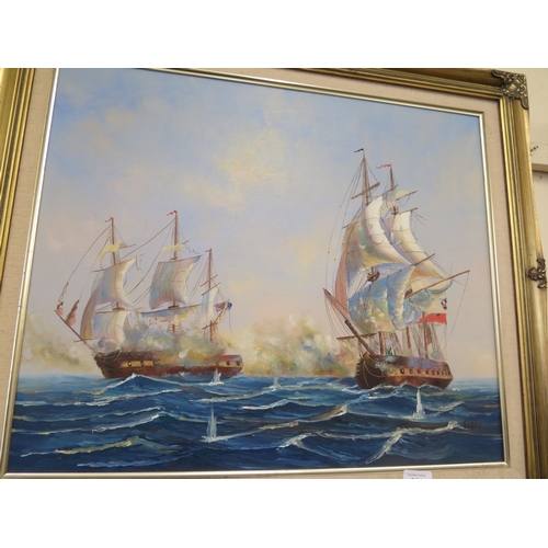 221 - Oil painting of sea battle, John Wayne print and a needlework