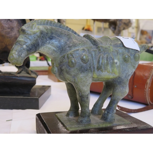 30 - A pottery Tang horse plus a jadeite figure of a lady