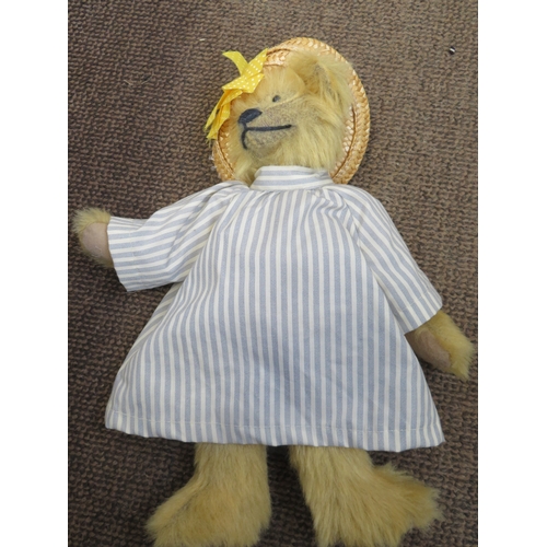 7 - A Judy Senk Teddy Bear with striped tunic and straw hat - length 10 ins approx. plus Paddington and ... 