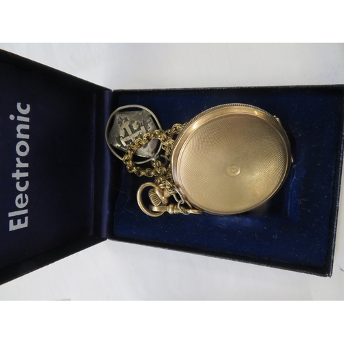 85 - Gold plated pocket watch with silver piece of eight fob