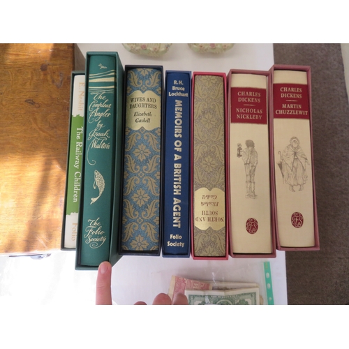 1 - Seven folio society books - fishing, Charles Dickens etc