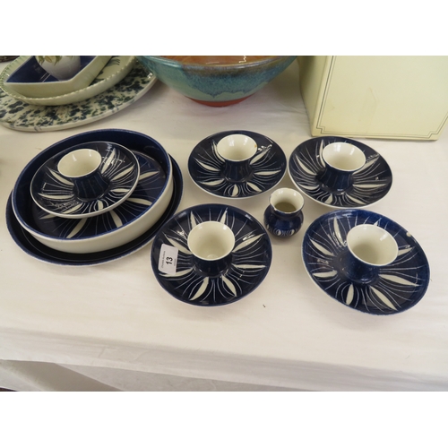 13 - Set of Gansey blue and white leaf egg cups and dishes