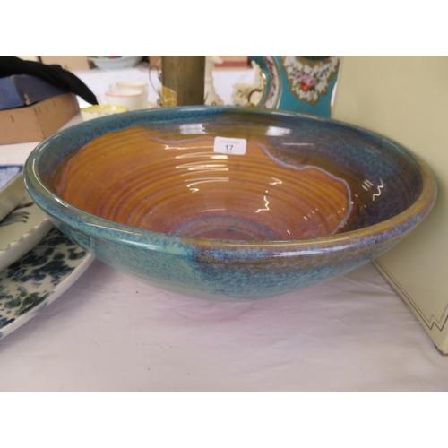 17 - Bristol large studio pottery bowl with turquoise, brown and blue glazes, 12ins diameter