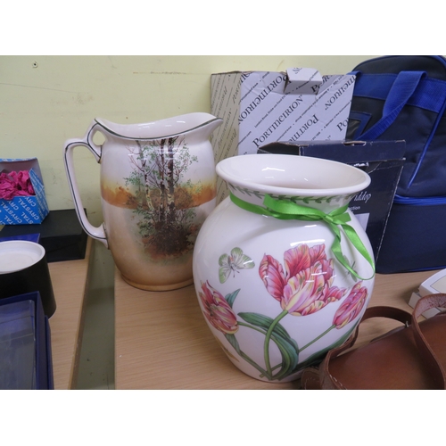 147 - Royal Doulton water jug, Portmerrion vase and a clock