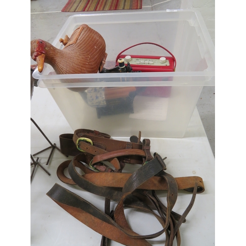 164 - Collection of radio, novelty teapot, Chinese wicker egg basket plus leather belts and straps