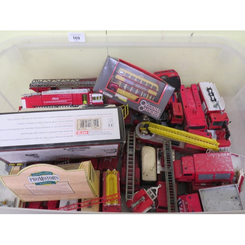 169 - Box of assorted model vehicles, mostly fire engines