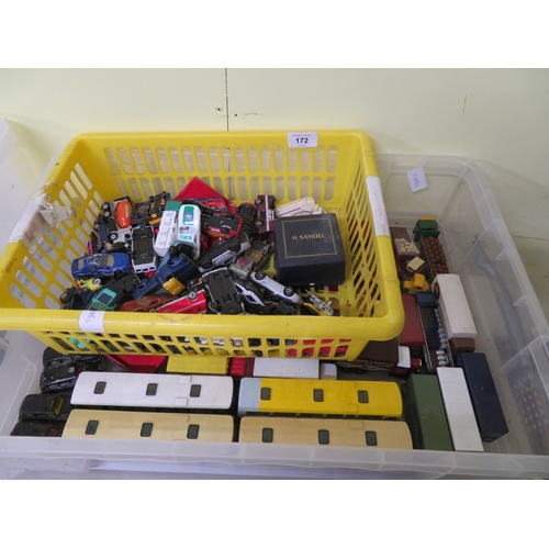 172 - Two boxes of assorted model vehicles including buses, lorries etc