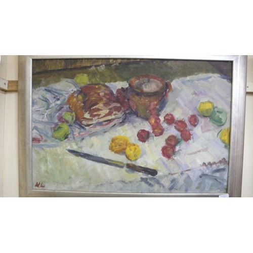 129 - ML signed initials, still life meat & fruit, oil on board, 24 x 30 ins approx.