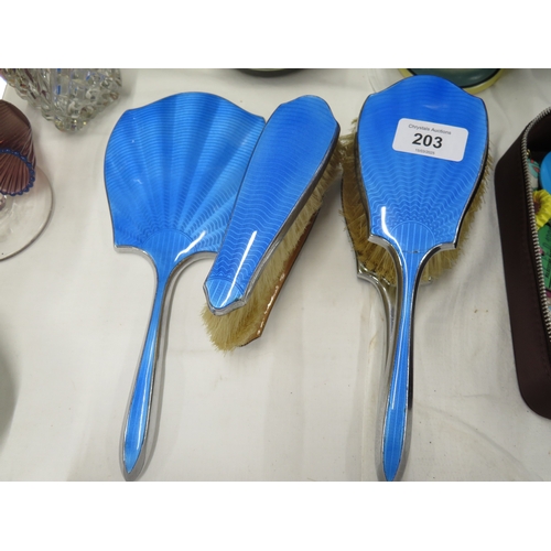 203 - Blue enamel backed dressing table set