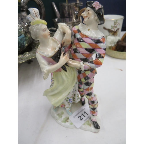 211 - Meissen style porcelain Harlequin and Lady dancing, underglazed blue crossed sword marks to back edg... 