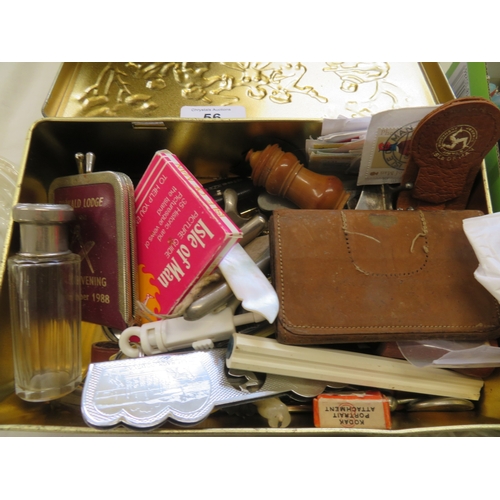 56 - A box of interesting knick knacks, badges, odds etc