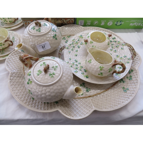 57 - Belleek black mark part tea set for six persons with two tea pots and a tray