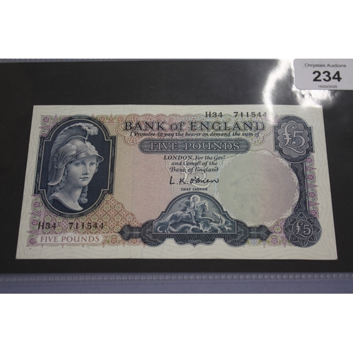 234 - A Bank of England £5 note 1961 L K O'Brien (good condition)