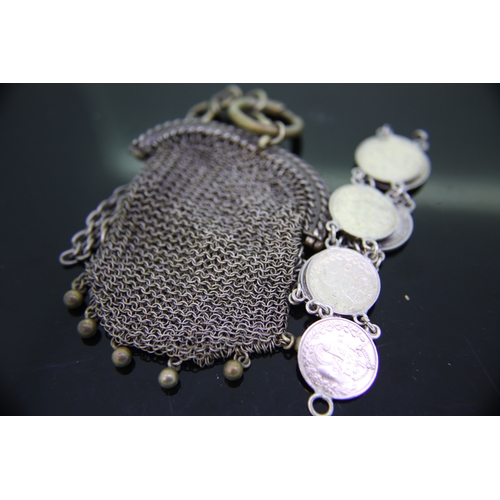 262 - Silver metal chain mail purse together with silver three pence bracelet