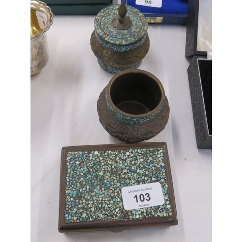 103 - Three brass inlaid with turquoise pots, box etc