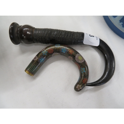 253 - Two walking stick handles - Japanese cloisonné and mountain goat horn