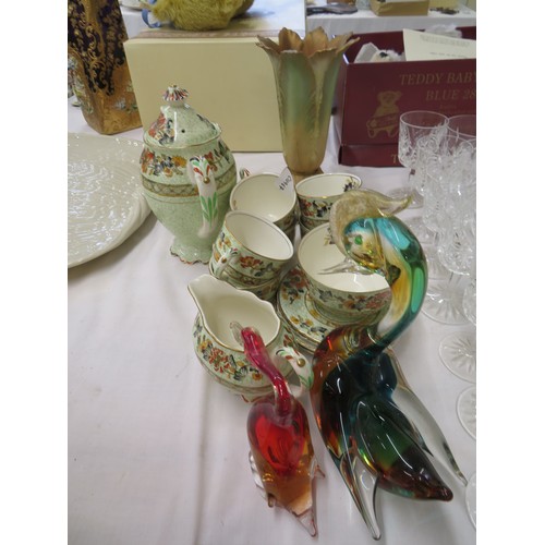 183 - A collection of coffee set, blue plates, glass birds, vase etc