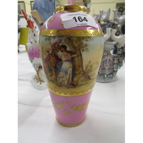164 - Vienna porcelain vase classical figures on a track with gilt borders and a pink ground - ht. 7 ins