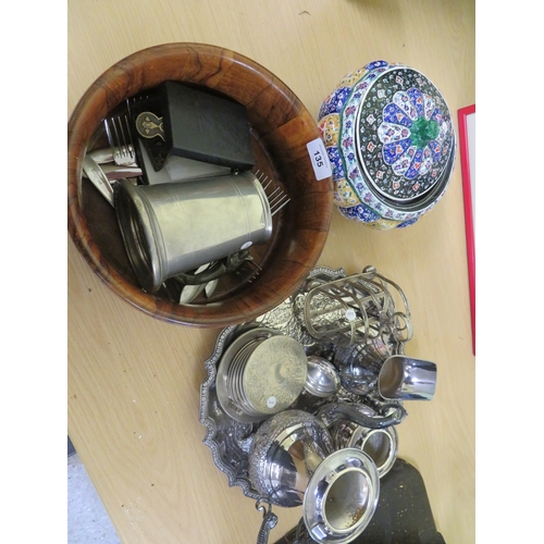 135 - Collection of platedware, wooden bowl and a tin bowl