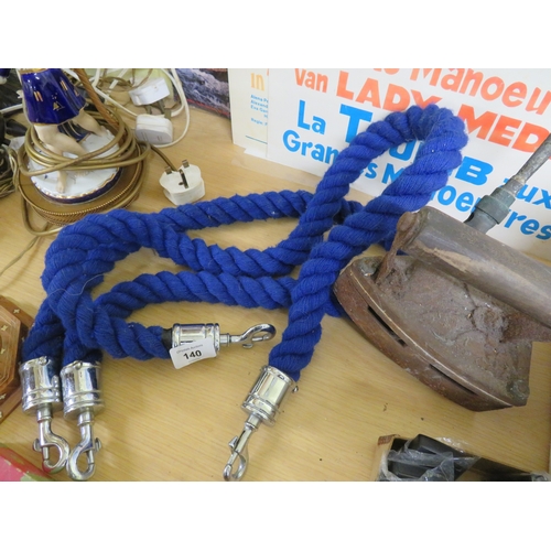 140 - Collection of board games, old tickets, iron, rope etc