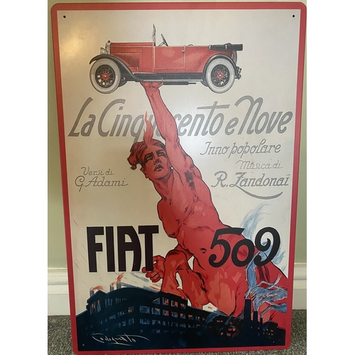 78 - Three metal Fiat advertising signs originally by Plinio Codognato - each 23.5x16ins approx
