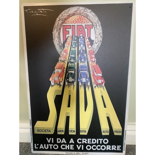 78 - Three metal Fiat advertising signs originally by Plinio Codognato - each 23.5x16ins approx