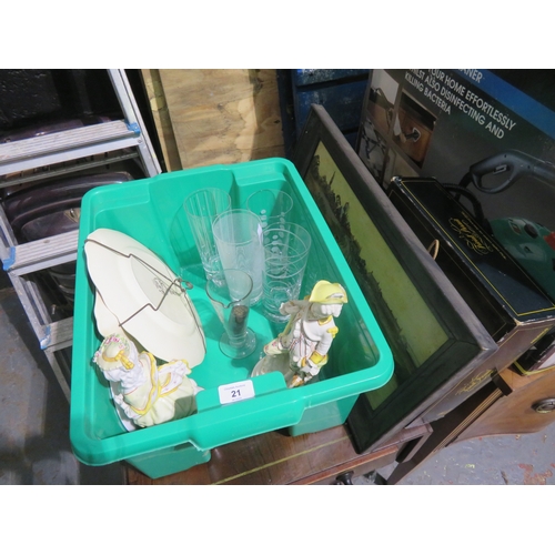 21 - Collection drinking glasses figures oil painting and trivial Pursuit