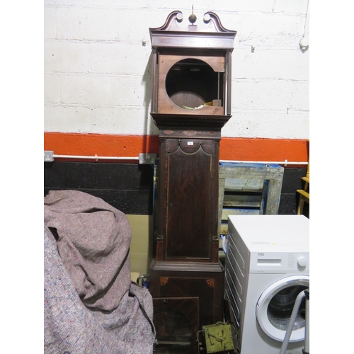 26 - Mahogany long case clock with floral and shell pattern inlay plus clock parts