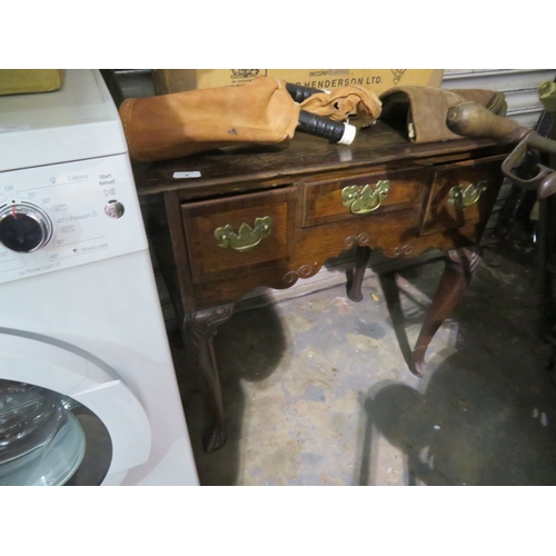9 - 18thC oak & Mahogany lowboy with three drawers and brass swing handles