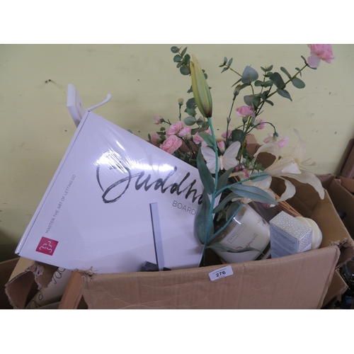 276 - Box of kitchen items, trays, faux flowers etc