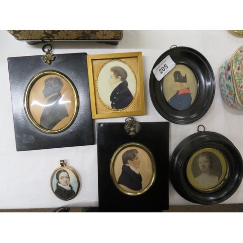 205 - A collection of  six Georgian and later oval portrait miniatures