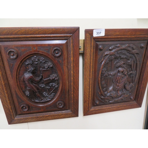 337 - 19thC pair of carved walnut panels showing lady in the forest with birds, Gentleman wooing his love,... 