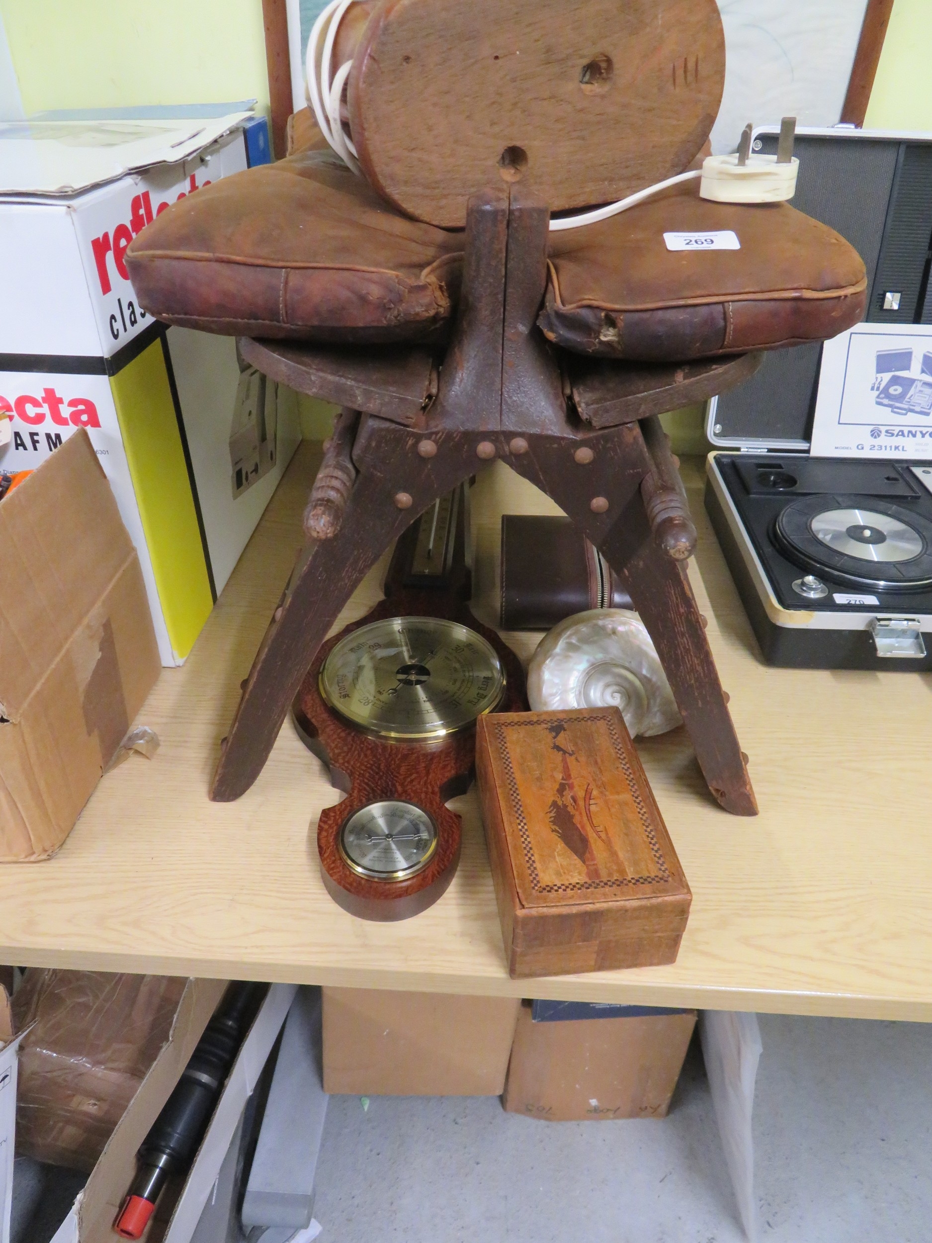 Collection - leather topped stool, barometer thermometer, table lamp etc