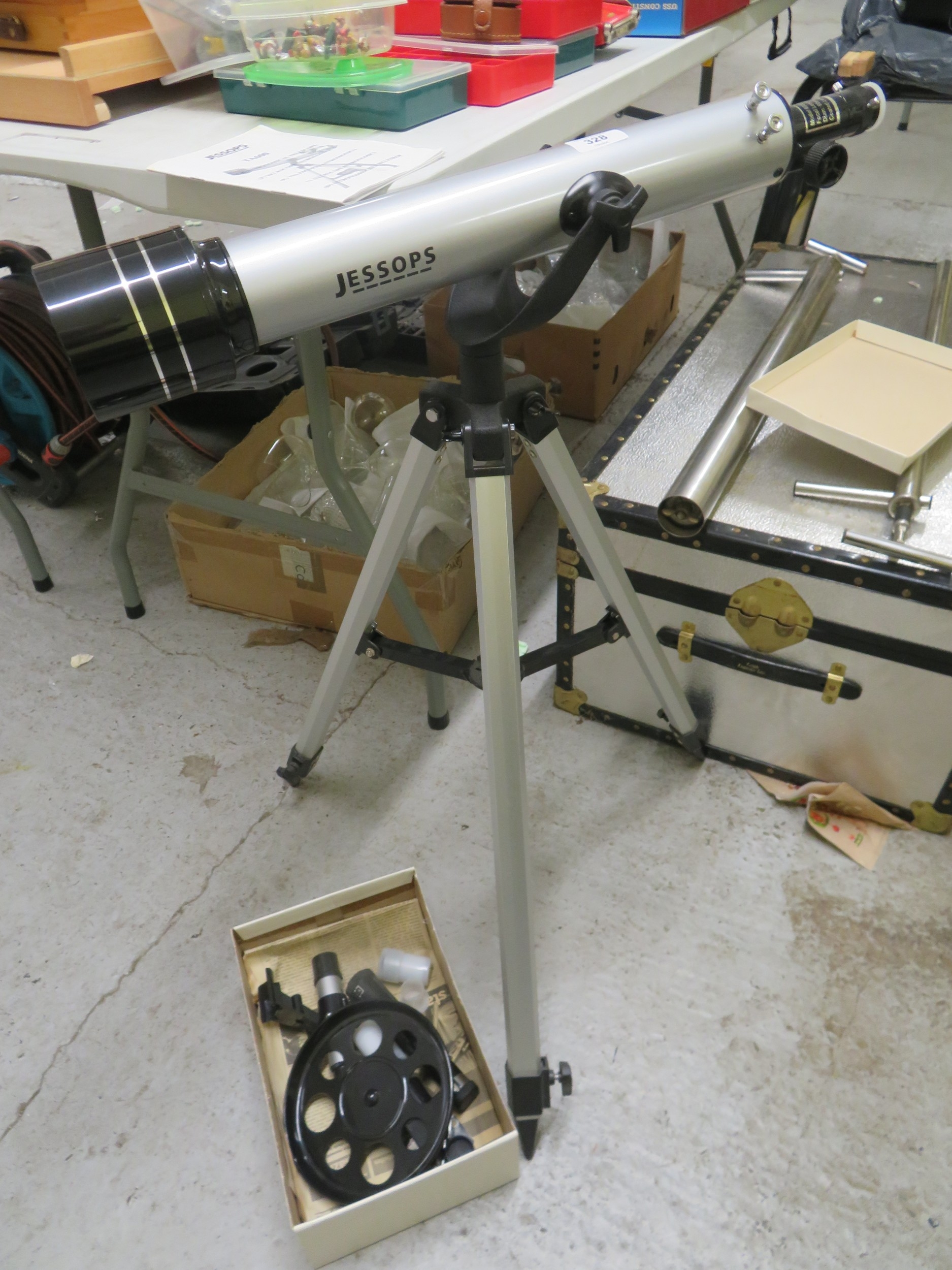Jessops telescope on tripod base plus a box of attachments
