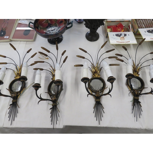 242 - Set of four twin branch wire wall lights with ears of wheat decoration plus mirrors to centre