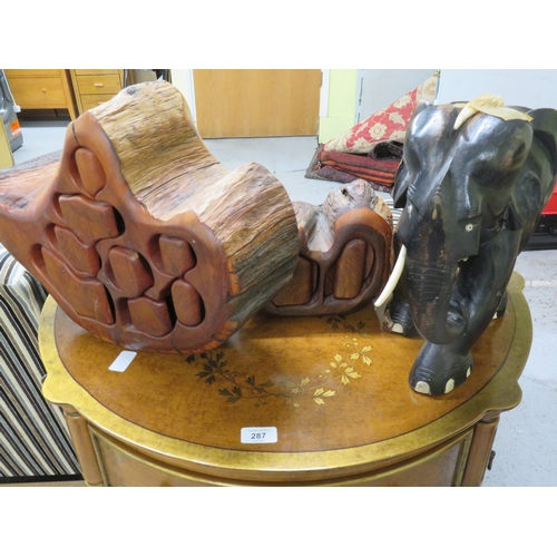 288 - Two unusual miniature chests of drawers, plus a well carved wooden elephant