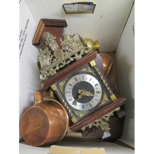 181 - Box of metalware, including a clock, plus metal fire plate