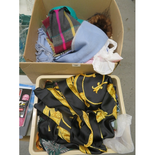 186 - Box of ladies scarves silk scarves, plus a box of hats and scarves