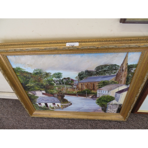 196 - Two paintings and a signed print of Onchan village