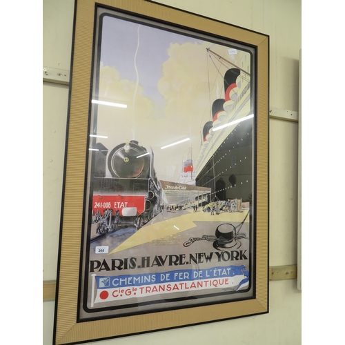 205 - Framed poster - Paris. Havre. New York, train and ship poster, 40x30ins