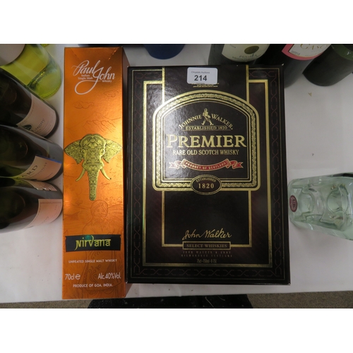 214 - Presentation box of Johnnie Walker Premier rare old scotch whisky, together with Indian single malt ... 