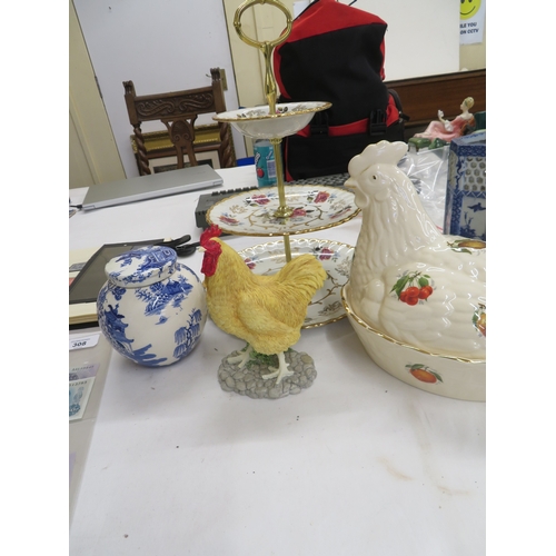 307 - Cake stand and Mason's ginger jar, Hen egg holder and Border Fine Arts hen ornament