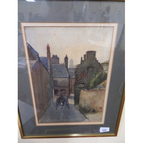 328 - Horse and Cart in a Narrow Street, watercolour, 14x11ins