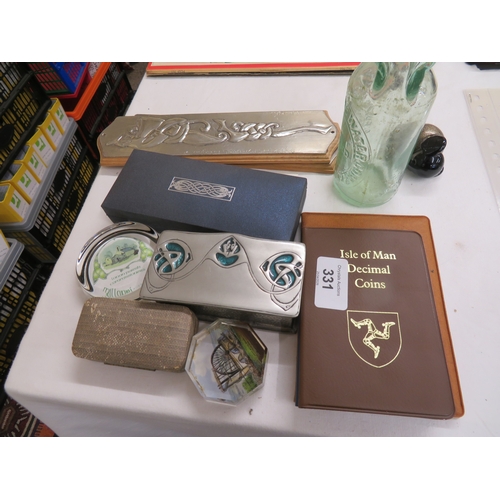 331 - Collection of Isle of Man items, coins, pewterware, pop bottle, souvenirs etc