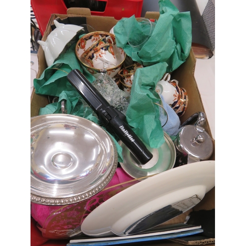 336 - Box of teaset, glassware, metalware etc