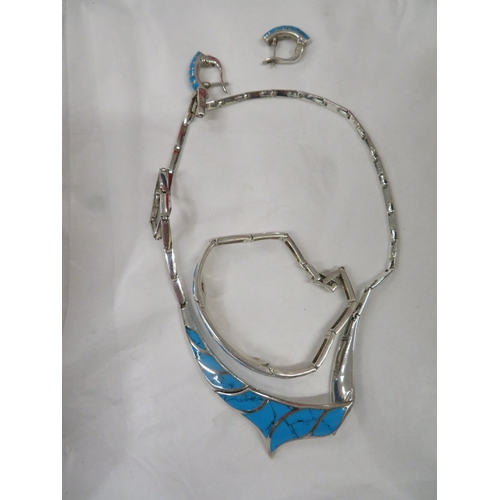 337 - Silver and turquoise necklace, bracelet and matching earrings